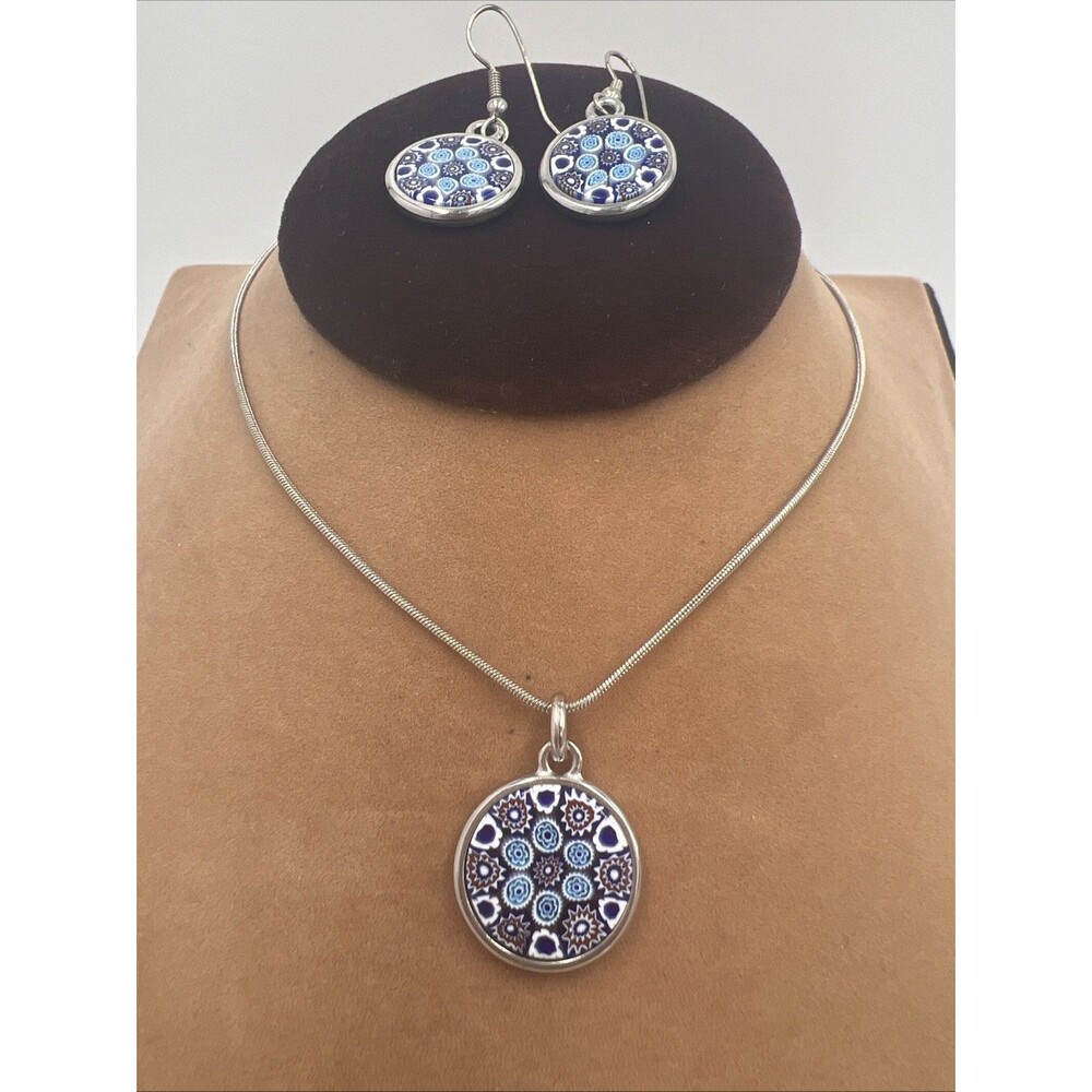Moreno Glass Necklace And Earrings Set Millefiori Stamped Made In Italy Blue 18"